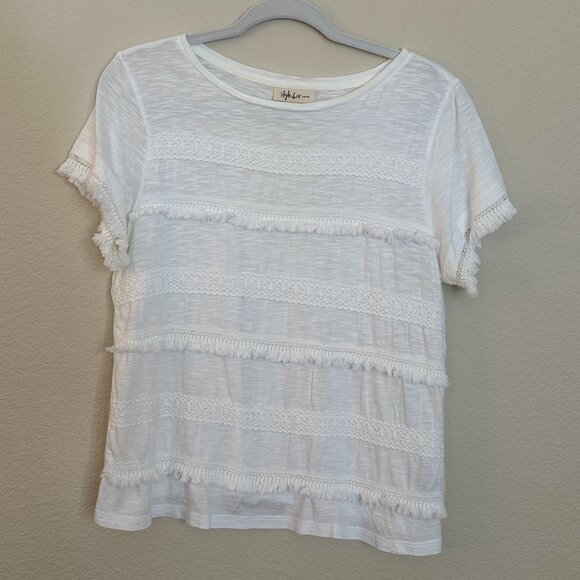 Style & Co White Short Sleeve Top with Fringe Detail - Picture 1 of 4